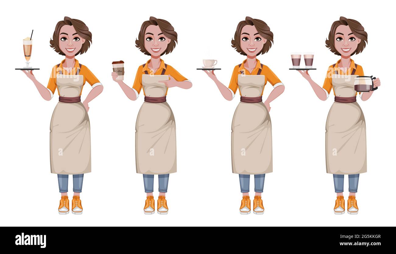 Barista Hembra Conjunto De Cuatro Poses Concepto De Negocio De Café Hermosa Mujer Barista