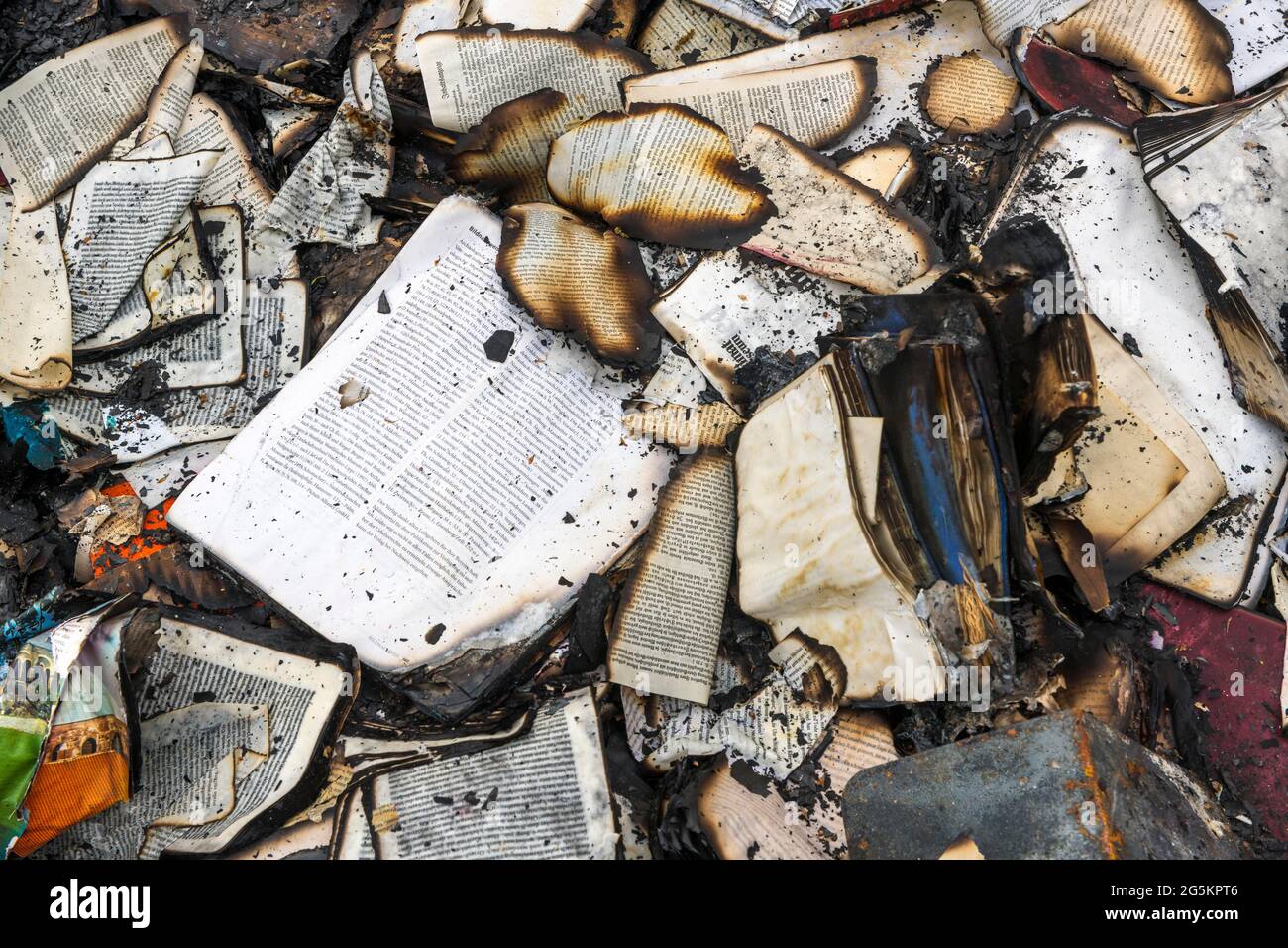 Restos carbonizados de libros después de incendio, Alemania, Europa Foto de stock
