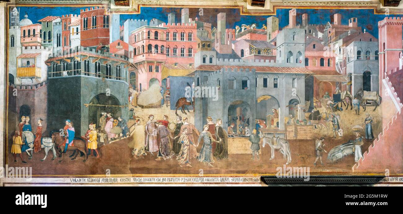 Impacto del buen gobierno en la ciudad, 1337-1339, fresco por Ambrogio Lorenzetti, Sala della Pace en Palazzo Pubblico, Siena, Toscana, Italia, Europa Foto de stock