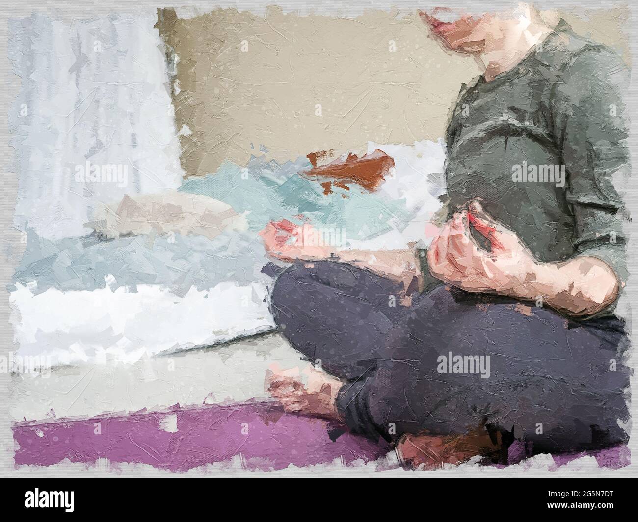 Chica medita con patas cruzadas en el dormitorio. Concepto de vida en el autoaislamiento. Imagen en el estilo impasto. Técnica de pinceladas grandes Foto de stock