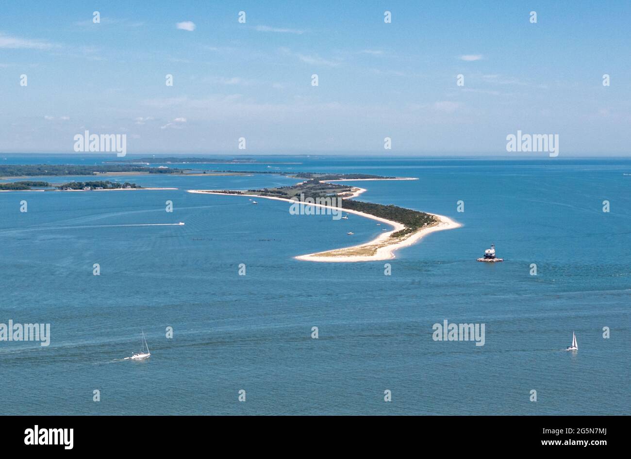 Vista aérea de Long Beach Bar 'Bug' Lighthouse, Orient, NY Foto de stock