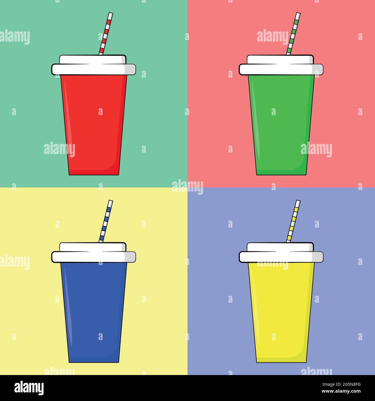 Ilustración vectorial de cuatro vasos desechables multicolores con tapa y paja sobre fondo verde Imagen Vector de stock - Alamy Ilustración vectorial de cuatro vasos desechables multicolores con tapa y paja sobre fondo verde Imagen Vector de stock - Alamy