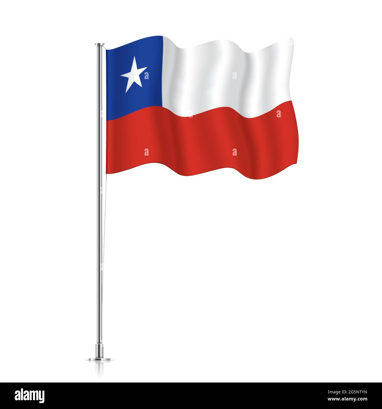 Bandera de Chile ondeando sobre un poste metálico. La bandera oficial