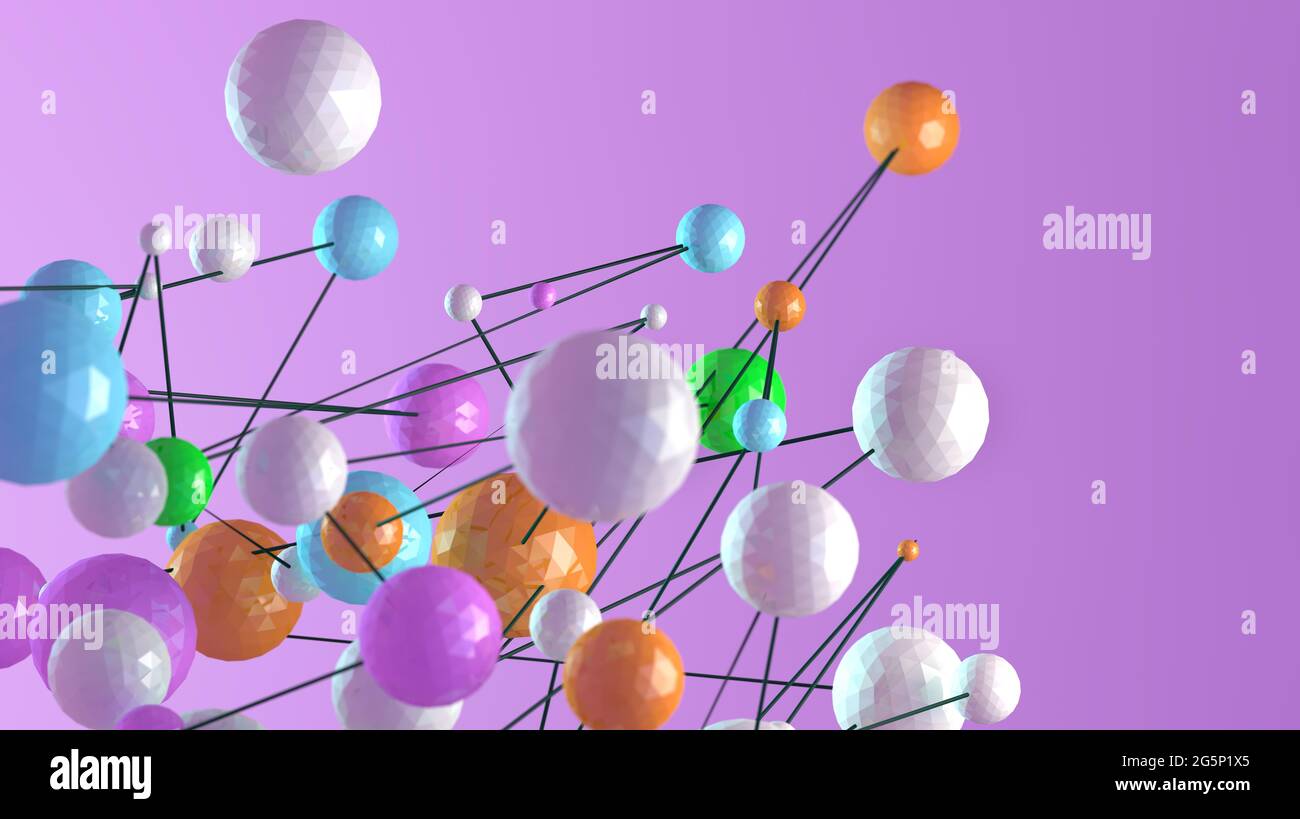 Resumen 3D Ilustración de partículas de polietileno bajas o esferas y líneas con colores suaves.Minimalismo diseño de redes y el concepto de socio Foto de stock