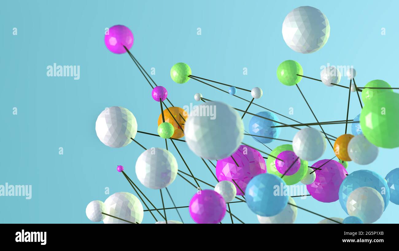 Resumen 3D Ilustración de partículas de polietileno bajas o esferas y líneas con colores suaves.Minimalismo diseño de redes y el concepto de socio Foto de stock