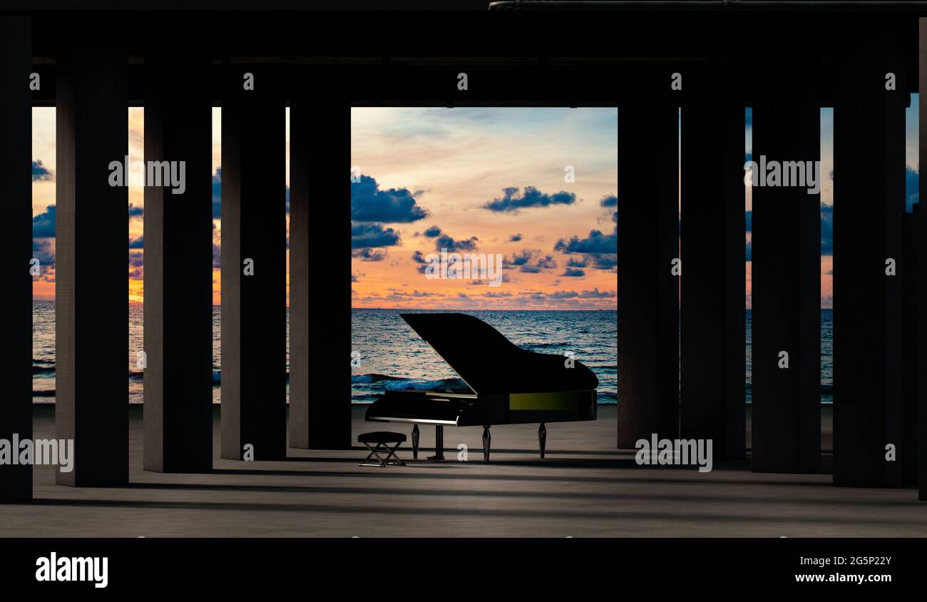 Gran piano en cemento y arquitectura interior de hormigón. Arte e instrumentos musicales.Fondo musical.Concepto de música de piano.3D ilustración. Foto de stock