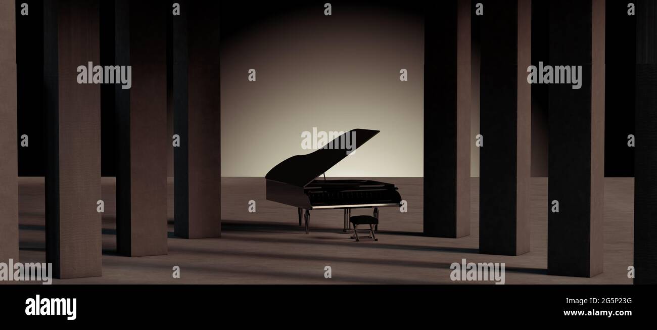 Gran piano en cemento y arquitectura interior de hormigón. Arte e instrumentos musicales.Fondo musical.Concepto de música de piano.3D ilustración. Foto de stock