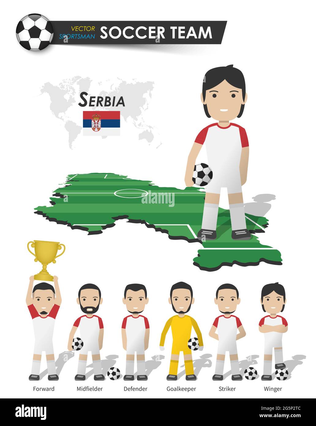 Serbia equipo nacional de fútbol . Jugador de fútbol con punto de apoyo deportivo en el mapa del país del campo de perspectiva y el mapa del mundo . Juego de posición del futbolista Ilustración del Vector