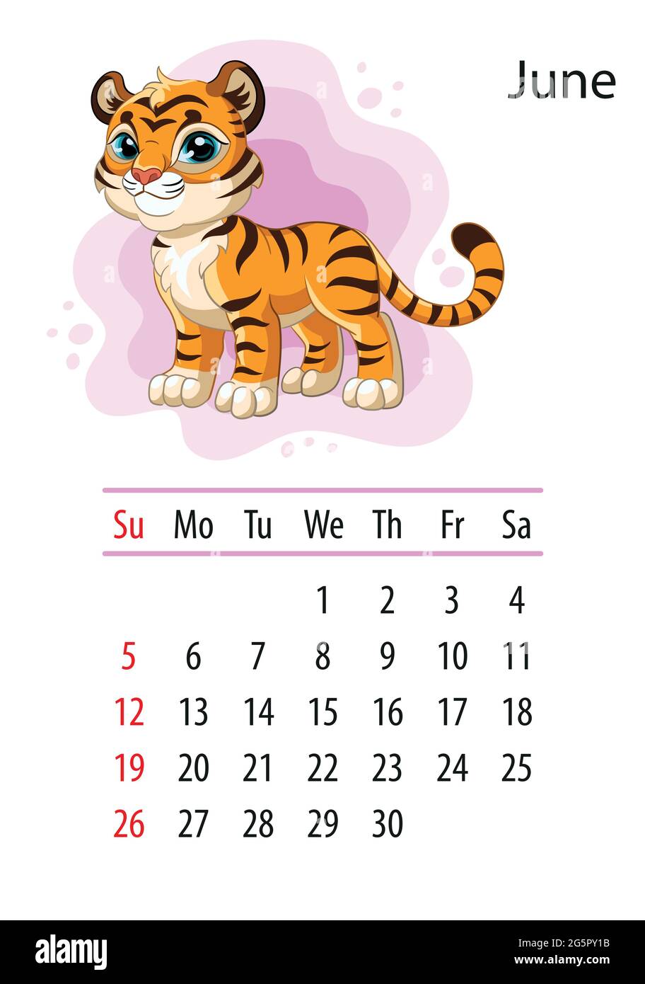 Plantilla de diseño de calendario mural para el 2022 de junio, año del  Tigre según el calendario chino o oriental. Carácter animal. Ilustración  vectorial. Semana s Imagen Vector de stock - Alamy