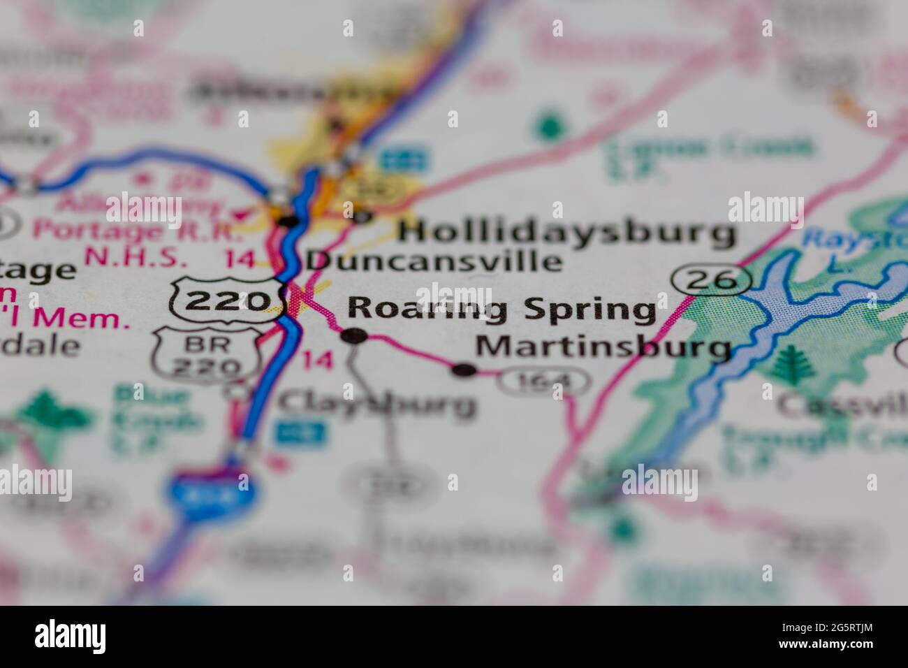 Roaring Springs Pennsylvania USA se muestra en un mapa geográfico o mapa de carreteras