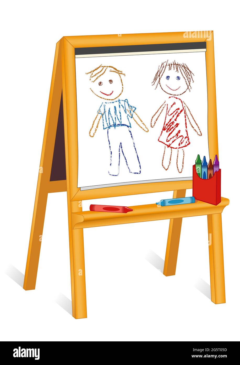 Caballete de arte para niños, dibujos de lápices de colores y tallarines en  papel, soporte de madera con estante, caja de lápices de colores, aislado  Fotografía de stock - Alamy