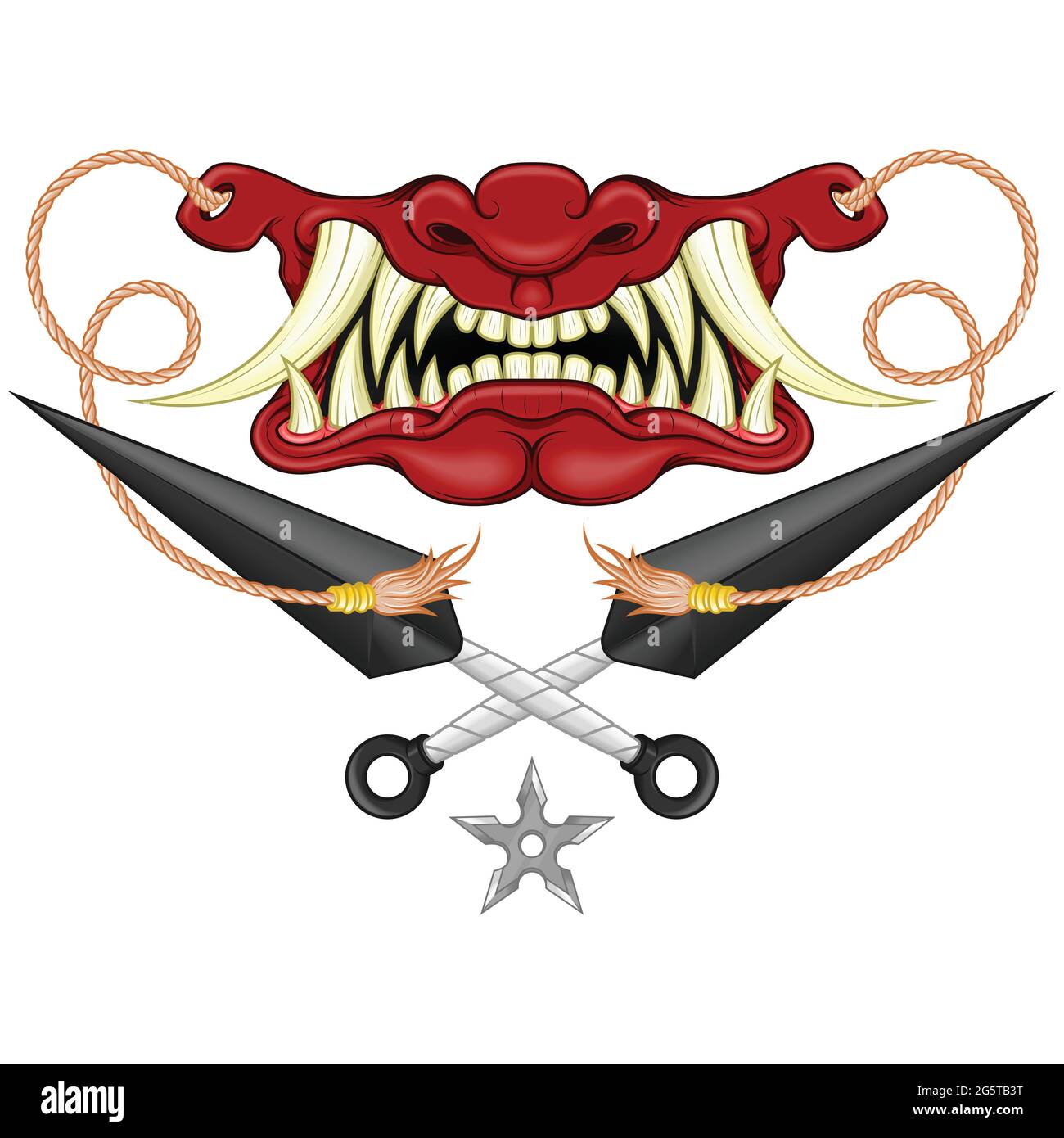 Diseño vectorial de máscara de hannya japonesa con kunay, máscara de hannya del folklore japonés