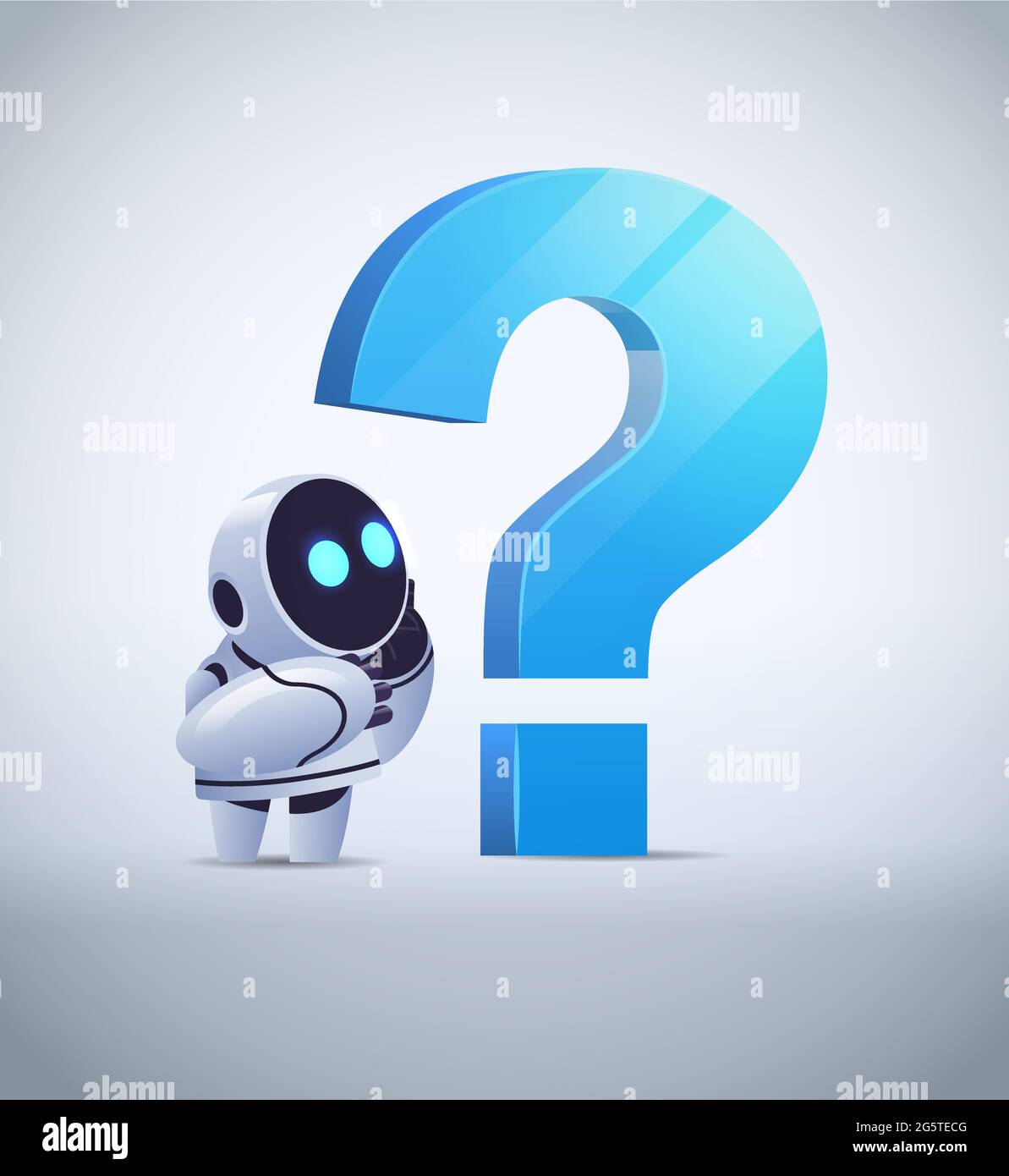 el robot frustrado cyborg, que se encuentra cerca del signo de  interrogación, ayuda a prestar servicio de asistencia Preguntas frecuentes  Problema de inteligencia artificial Imagen Vector de stock - Alamy