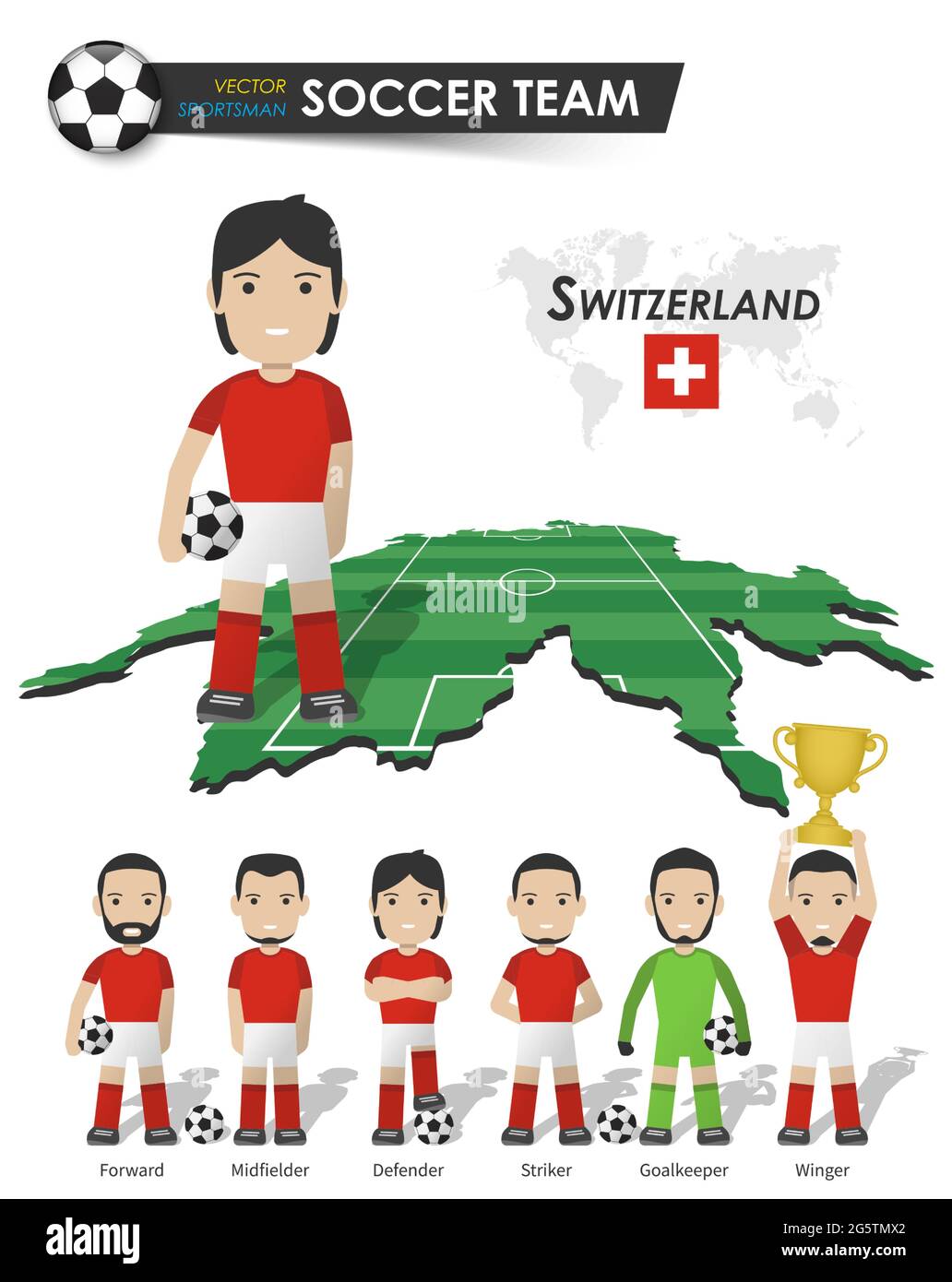 Equipo nacional de fútbol de Suiza . Jugador de fútbol con punto de apoyo deportivo en el mapa del país del campo de perspectiva y el mapa del mundo . Juego de futbolistas pos Ilustración del Vector