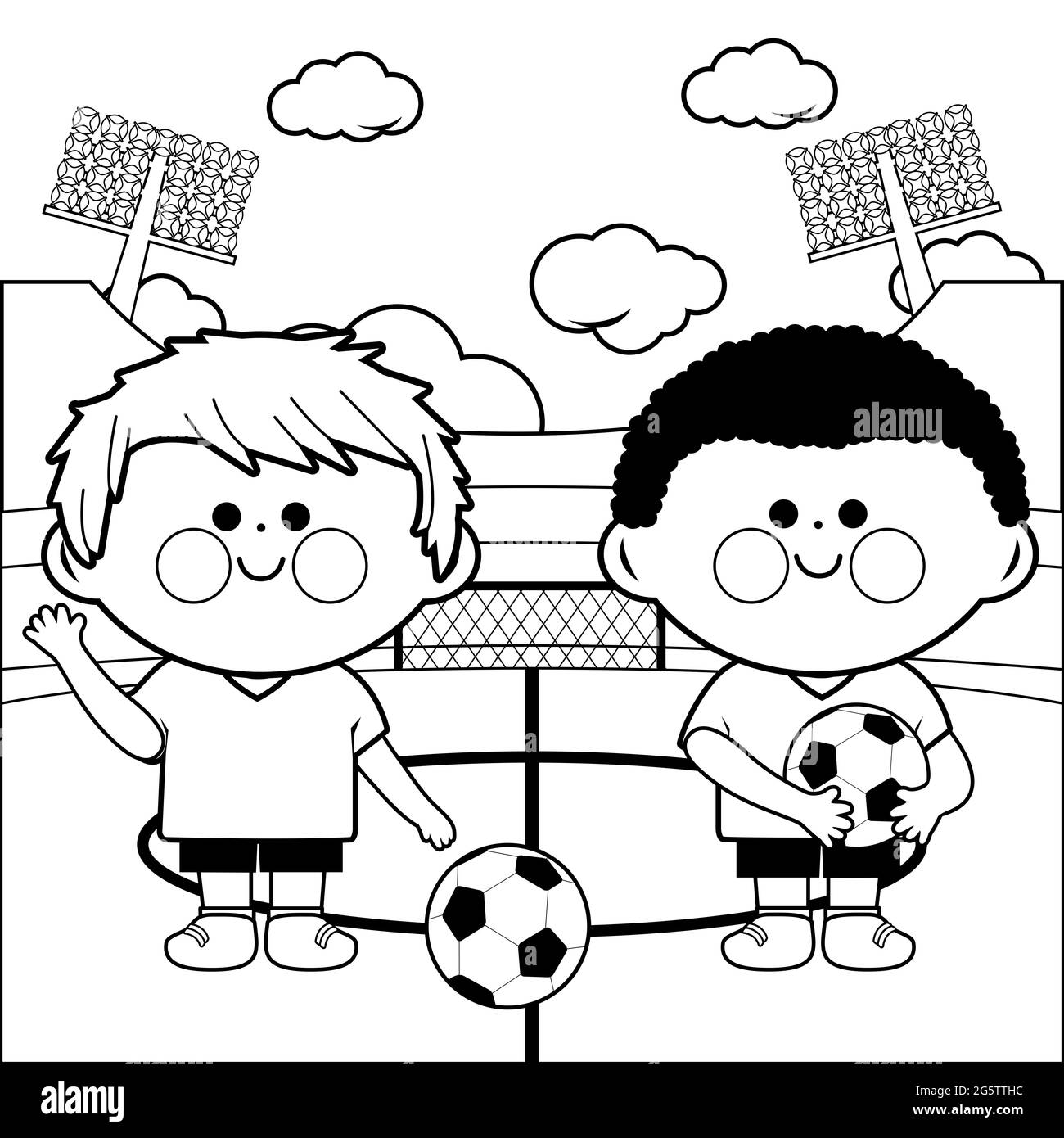 Dos jugadores de fútbol para niños pequeños en un estadio. Ilustración de  página para colorear en blanco y negro Fotografía de stock - Alamy
