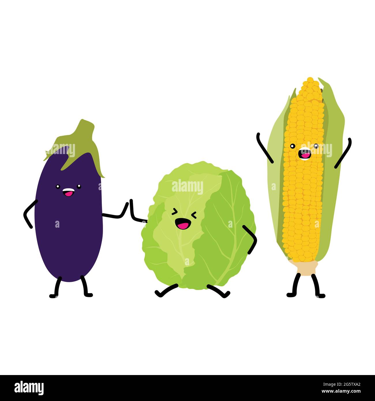Verduras para niños. Lindos personajes vegetales, dibujos animados sanos  kawaii. Vector, aislado sobre fondo blanco Imagen Vector de stock - Alamy