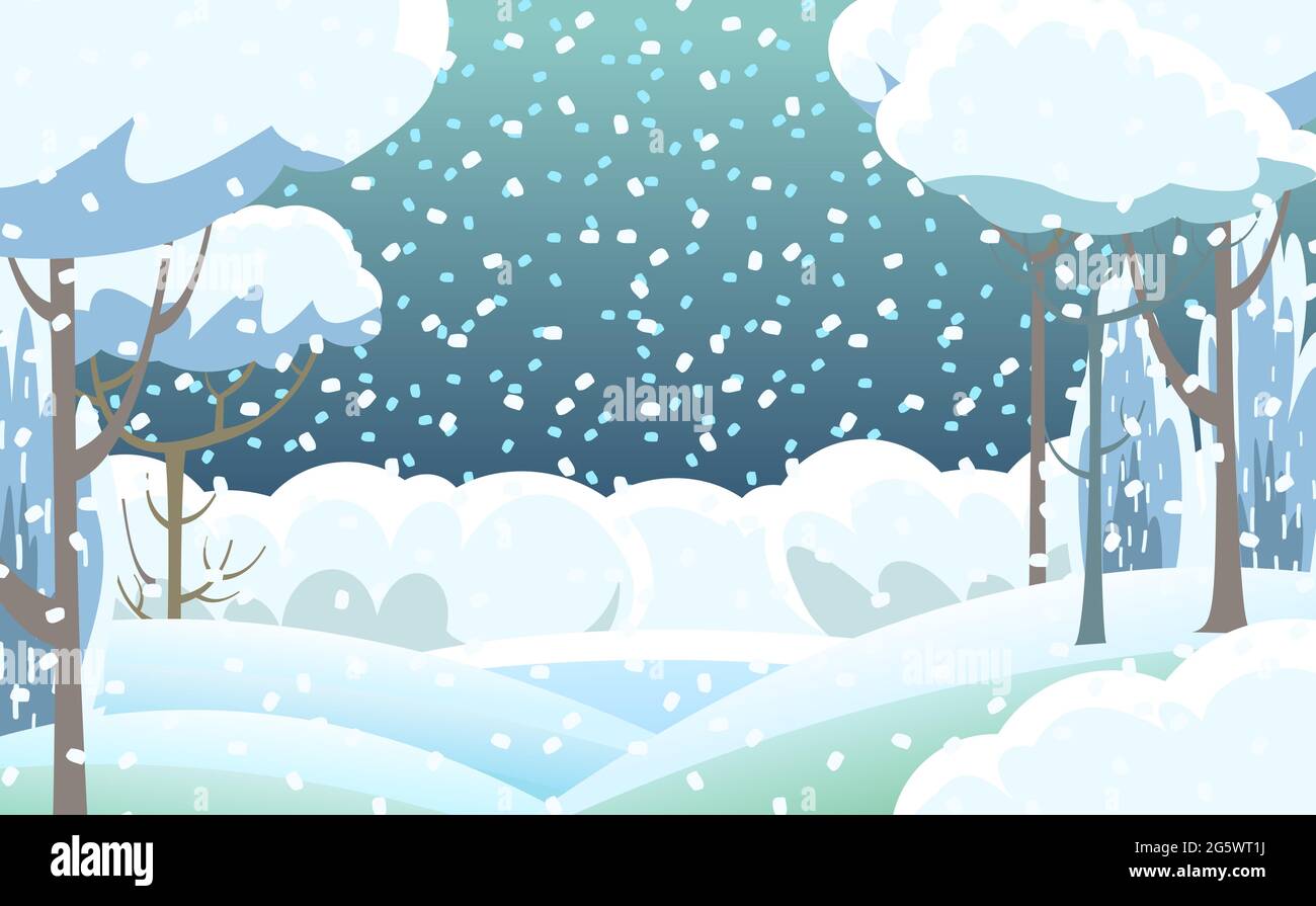 Invierno rural. Hermoso paisaje nevado. Nevadas. Estilo de dibujos animados.  Snowdrifts. Colinas y árboles. Nieve. Frío helado. Belleza romántica.  Diseño plano Imagen Vector de stock - Alamy