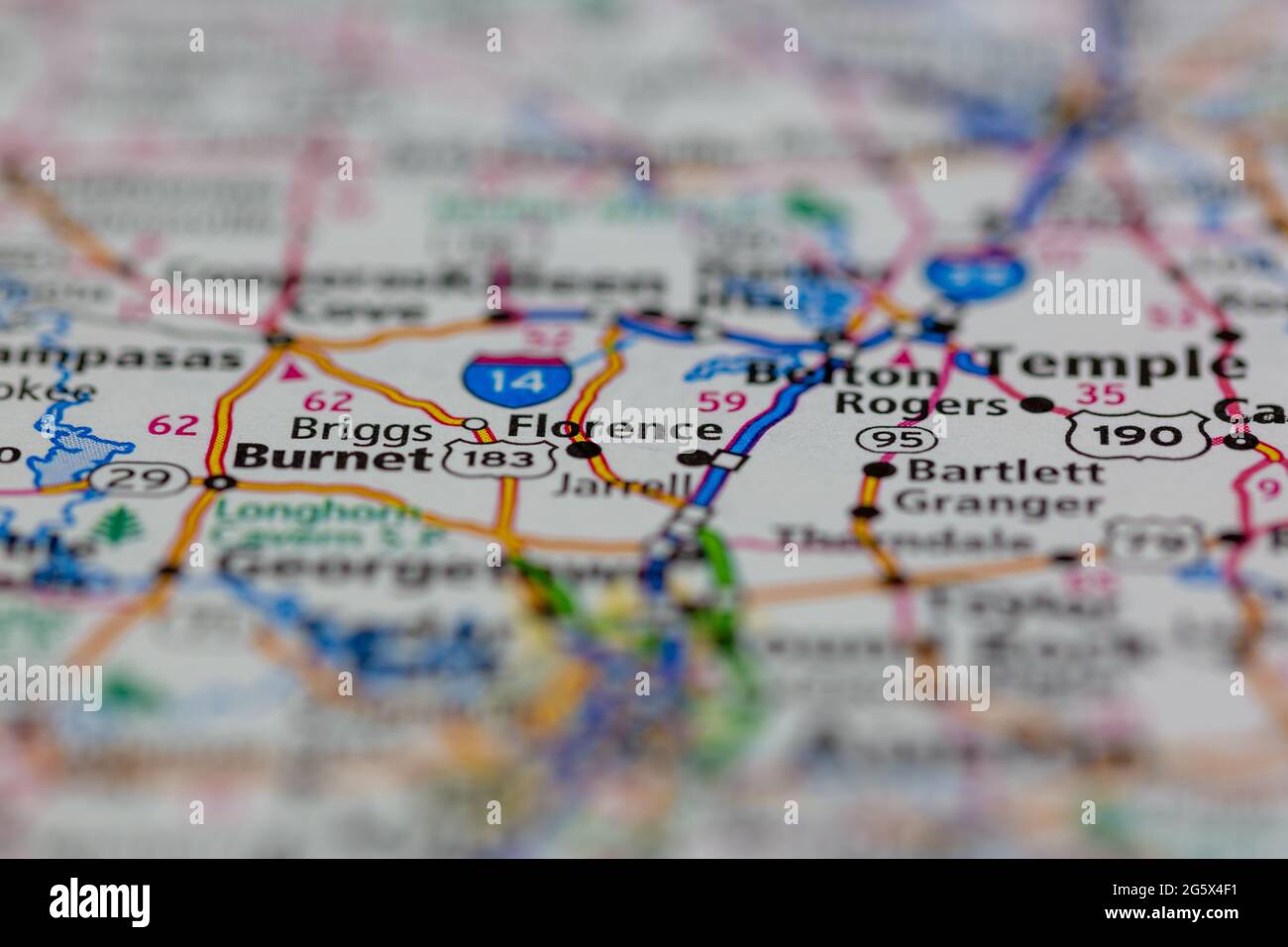 Florence Texas USA se muestra en un mapa geográfico o mapa de carreteras Foto de stock