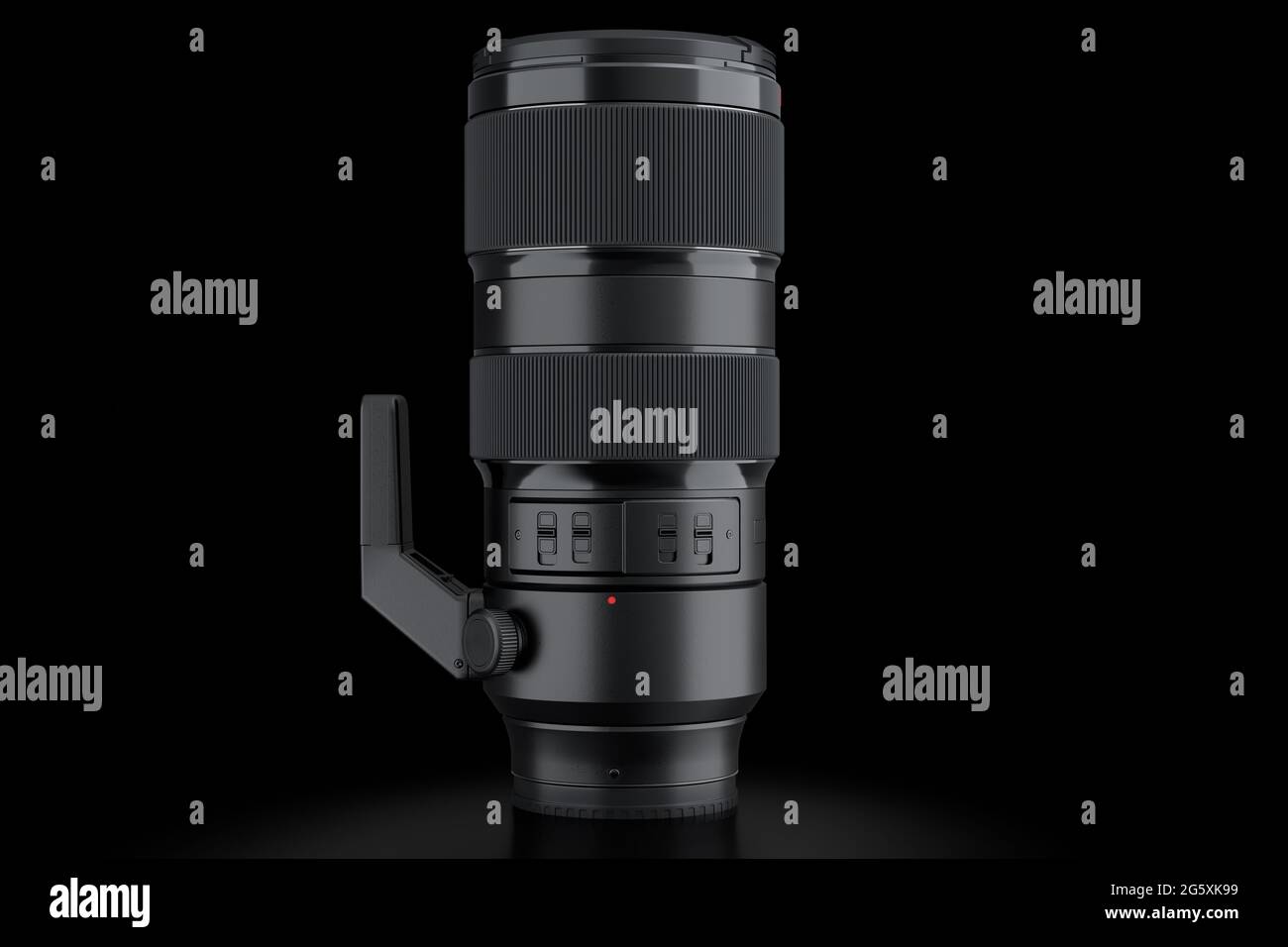 Moderna e inexistente lente de cámara telescópica DSLR sobre fondo negro Foto de stock