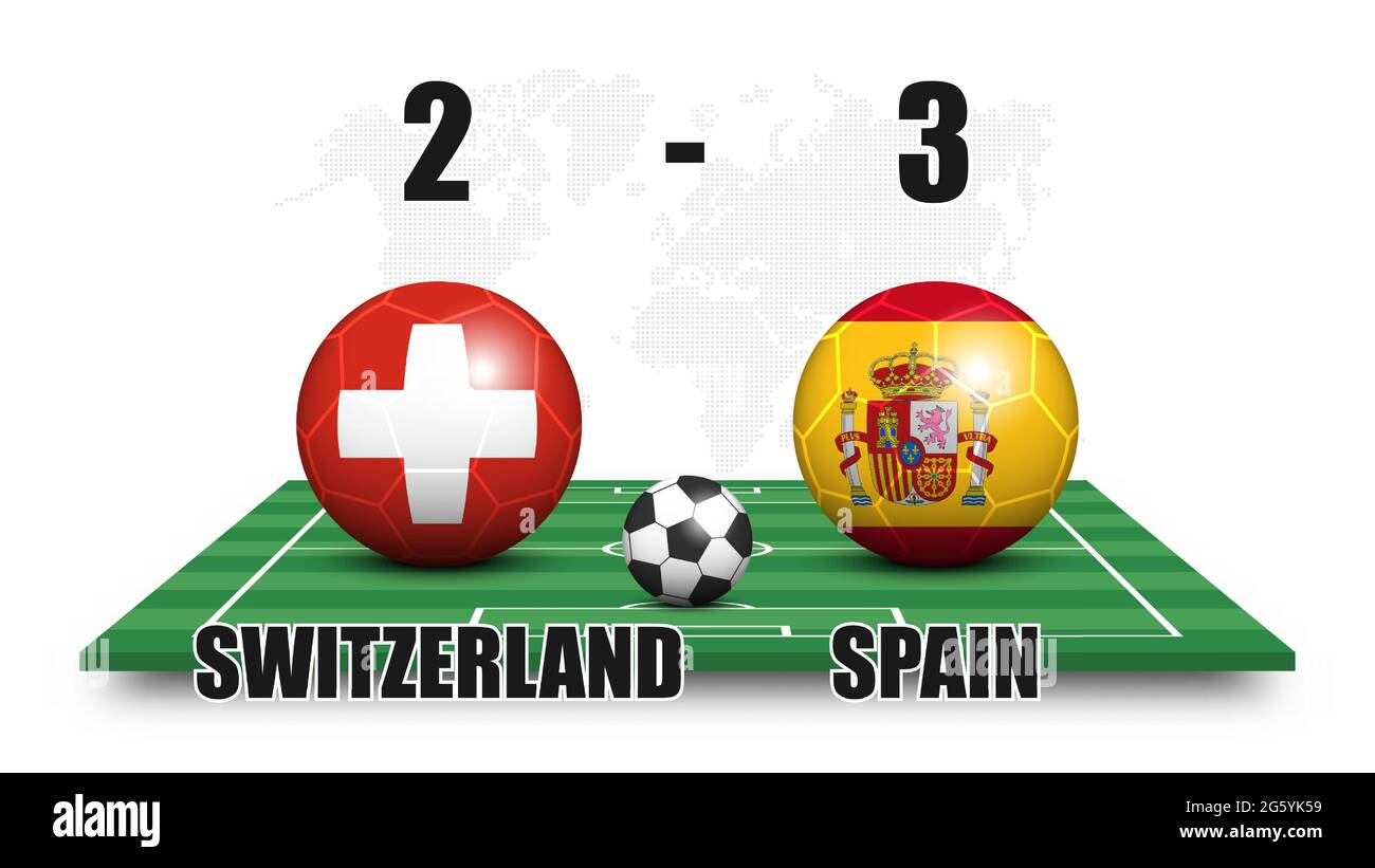 Suiza contra España . Balón de fútbol con bandera nacional en perspectiva campo de fútbol . Fondo del mapa mundial de puntos . Resultados del partido de fútbol y sc Ilustración del Vector