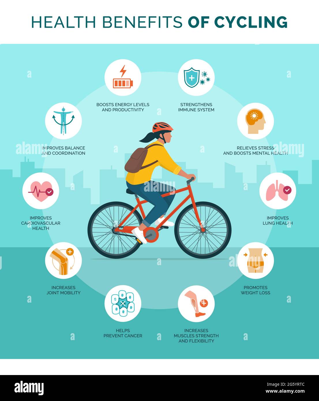 Beneficios para la salud de la infografía en bicicleta con una mujer en  bicicleta en la calle de la ciudad Imagen Vector de stock - Alamy