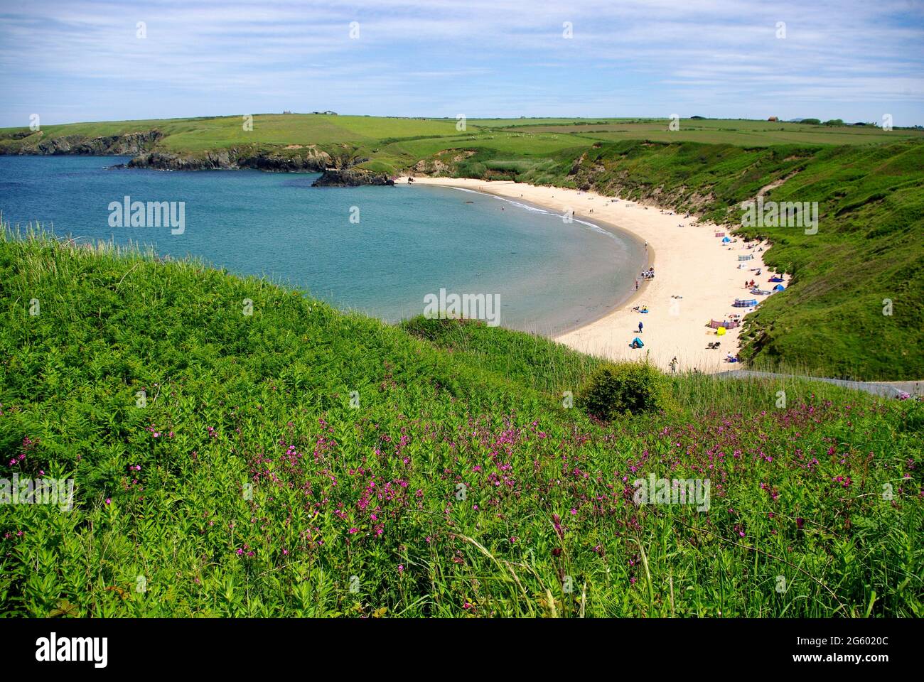 Playa de Silbling Sands vista desde el sendero costero en verano de 2021, Porth OER, Gwynedd, Gales del Norte, Reino Unido, Europa Foto de stock