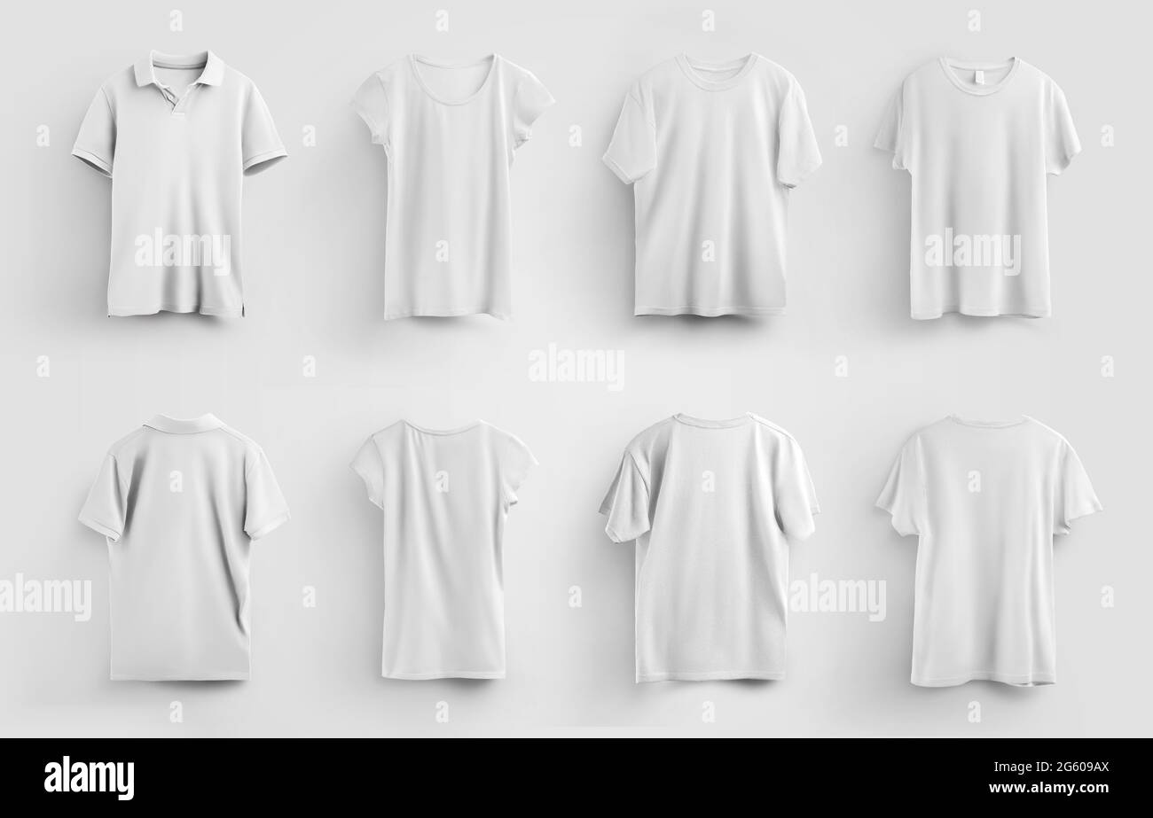 Conjunto de y polos blancos para hombre y mujer aislados fondo, para su uso en publicidad y presentación de diseño, patrón. Elegante mocku Fotografía de stock - Alamy