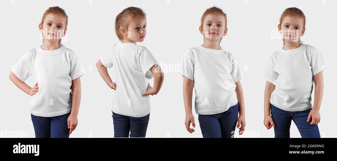Plantilla de una camiseta blanca sobre un niño lindo en jeans, posando en  el estudio sobre el fondo. Burlándose de ropa sobre una chica para la  presentación de diseño y lo Fotografía