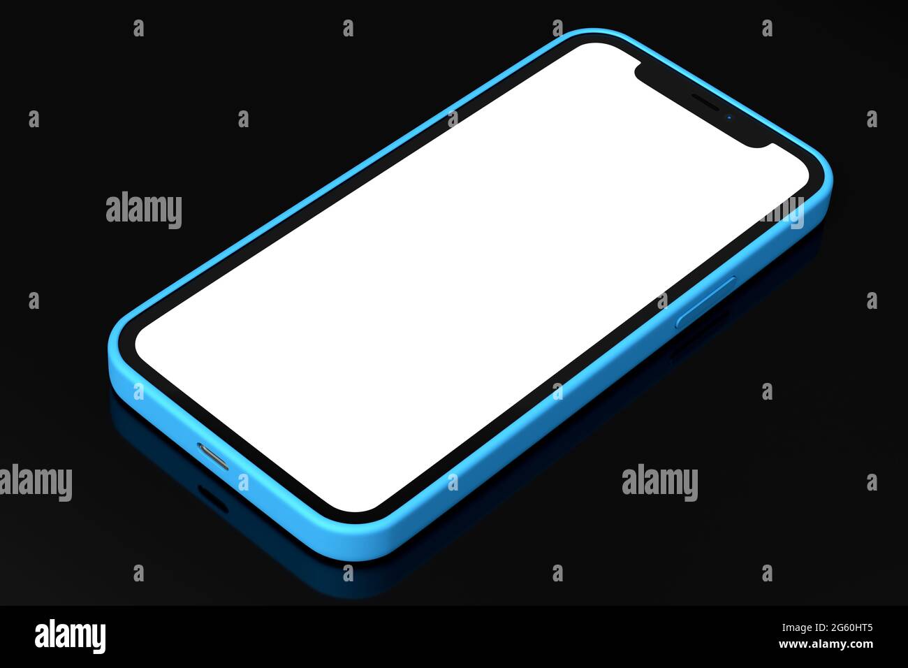 Smartphone azul realista con pantalla blanca en blanco aislada sobre fondo negro Foto de stock