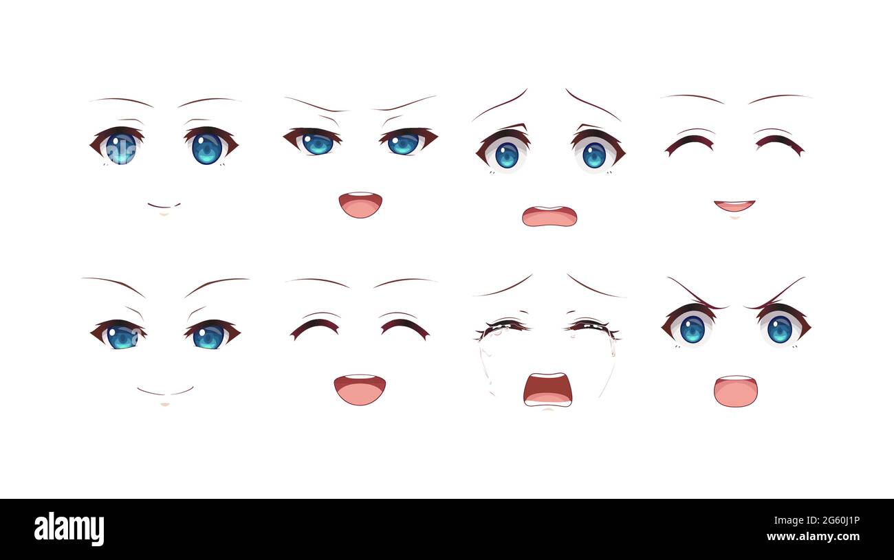 ANIME manga expresiones ojos conjunto niña. Estilo de dibujos animados  japonés Imagen Vector de stock - Alamy