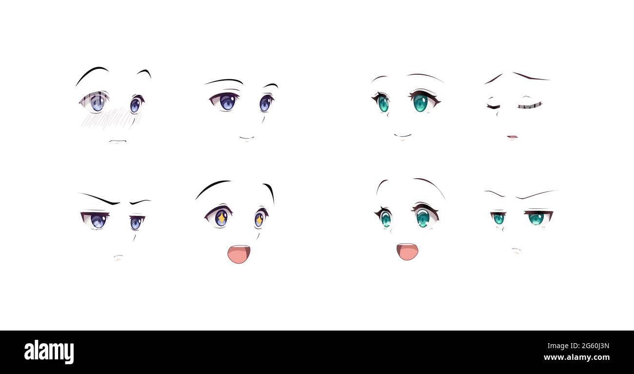 ANIME manga expresiones ojos conjunto niño y niña. Estilo de dibujos  animados japonés Imagen Vector de stock - Alamy