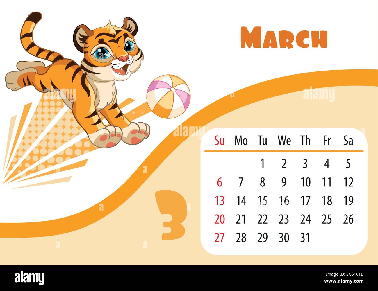 Plantilla de diseño de calendario para marzo de 2022, el año del tigre  según el calendario chino o oriental, con una ilustración de tigre con  hermosa flor. tabla con calendario para marzo