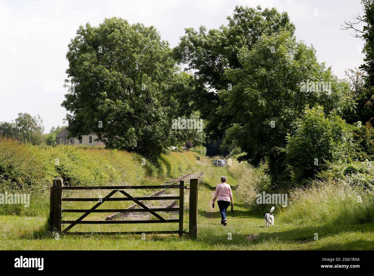 Swannington, Leicestershire, Reino Unido. 1st de julio de 2021. Una mujer camina por el sitio de la antigua Swannington Incline. Swannington es un antiguo pueblo minero Foto de stock