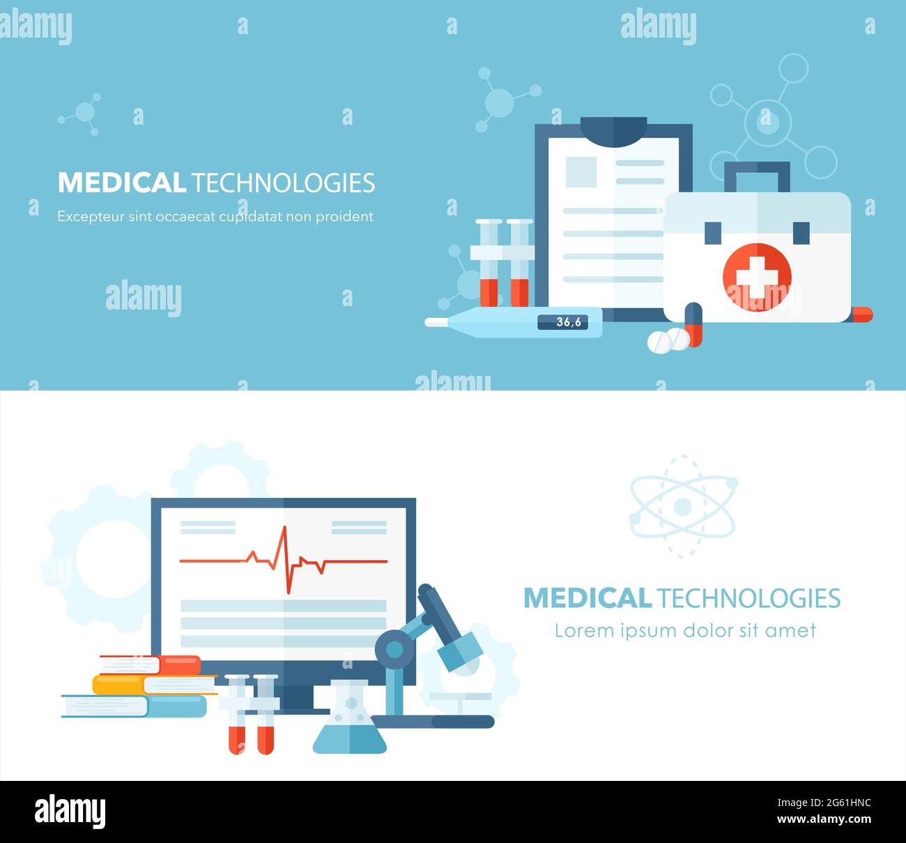 Concepto de tecnología médica conjunto de ilustración de vector plano con equipo de investigación de laboratorio de dibujos animados, artículo de tratamiento de medicina hospitalaria Ilustración del Vector