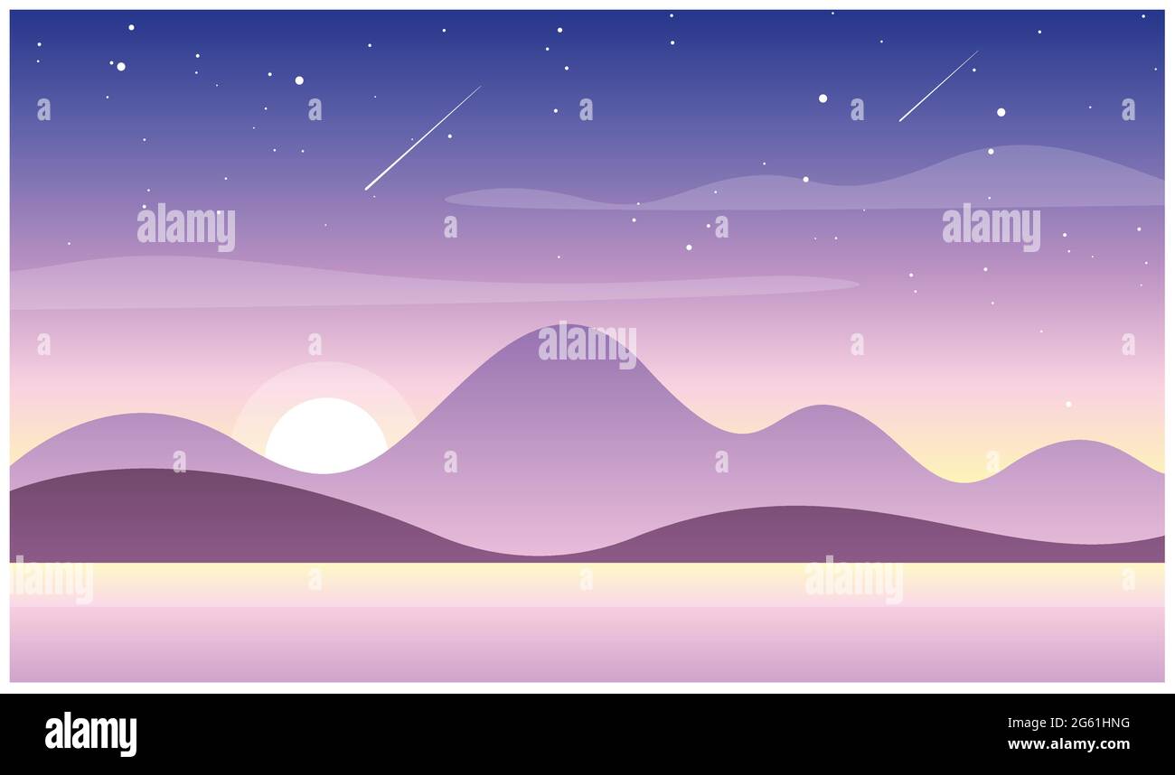 Ilustración vectorial de la hermosa puesta de sol en las montañas con lago. Naturaleza salvaje, concepto de viaje en colores pastel, puesta de sol o amanecer en montañas y colinas Ilustración del Vector