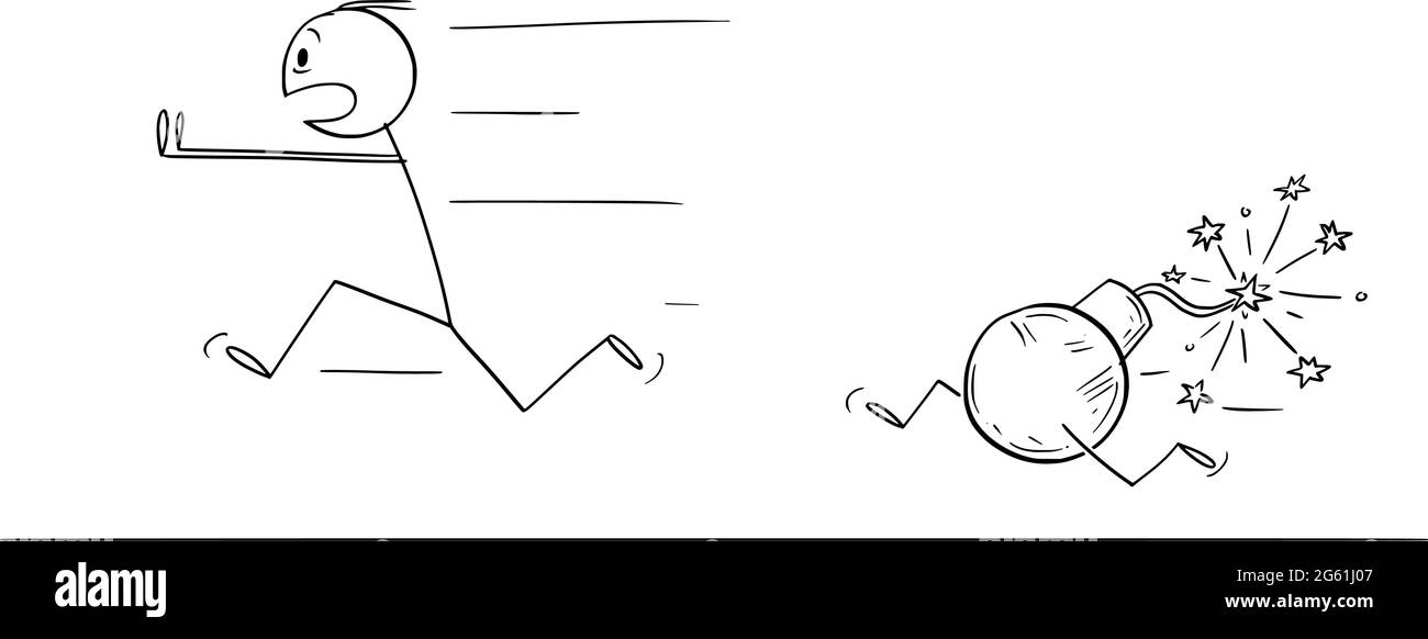 Bomba persiguiendo a la persona que corre, concepto de tiempo, plazo o fracaso, Vector Cartoon Stick Ilustración de la figura Ilustración del Vector