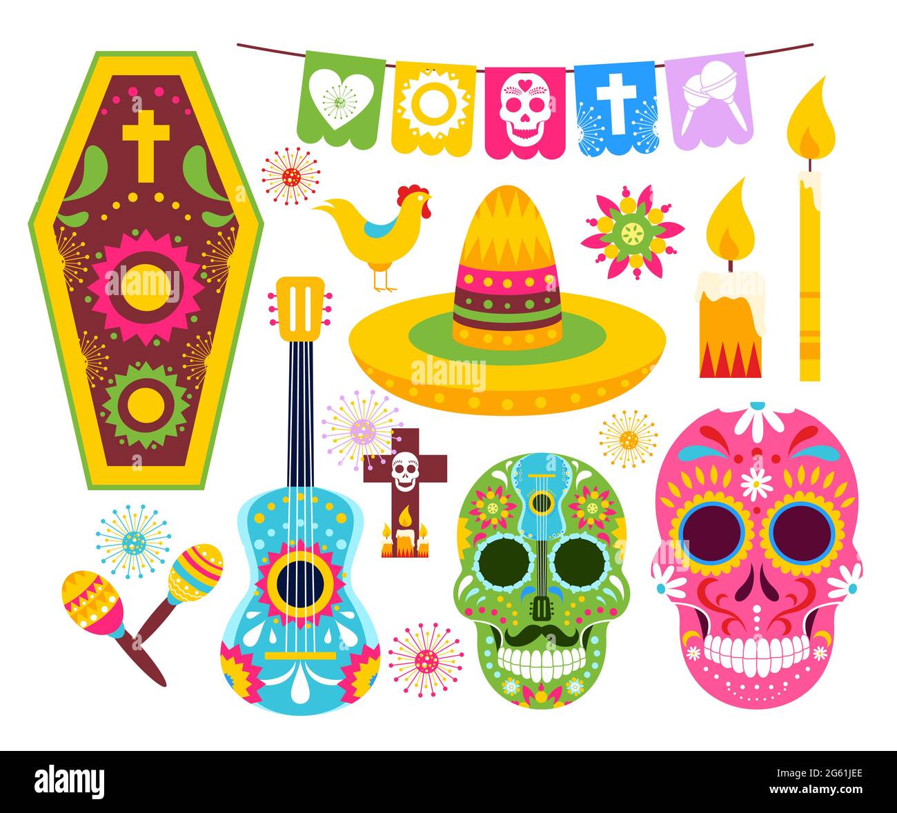 El dia de Muertos, el Día Mexicano de Muertos ilustraciones vectoriales,  dibujos animados tradicional folk ornamento arte sobre calaveras muertas de  México, conjunto de iconos de la fiesta mexicana Imagen Vector de