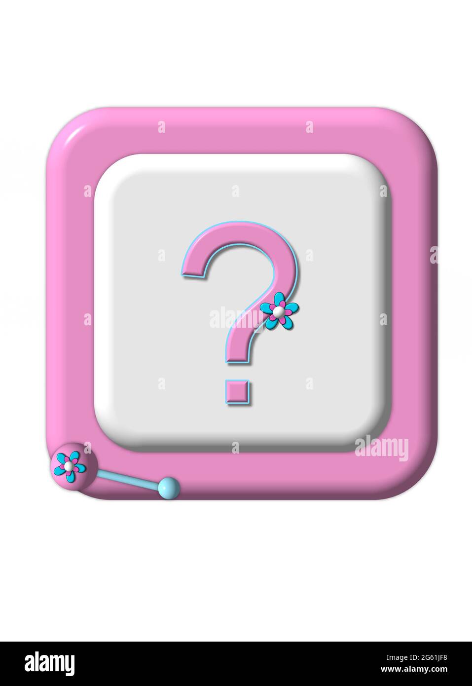 El bloque de bebé con borde rosa tiene un signo de interrogación y está rodeado de juguetes para bebés. La ilustración podría representar surpises, género desconocido, inesperado, sup Foto de stock