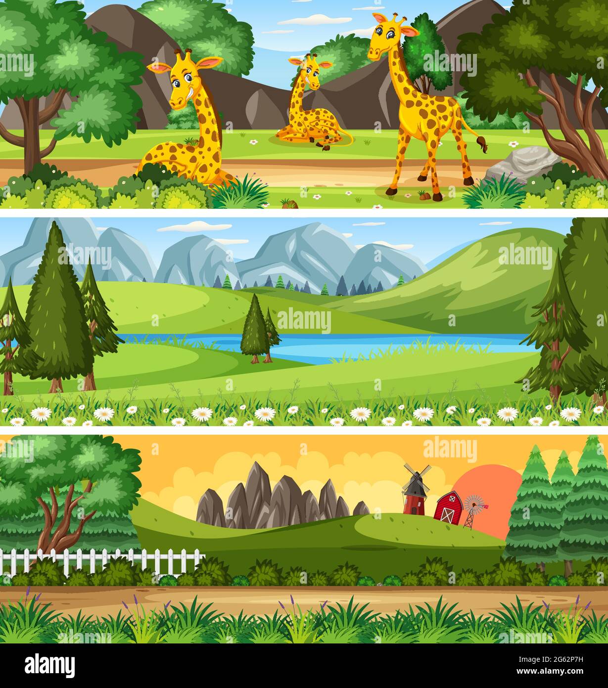 Conjunto de diferentes paisajes naturales panorámicos con ilustración de  personajes de dibujos animados Imagen Vector de stock - Alamy