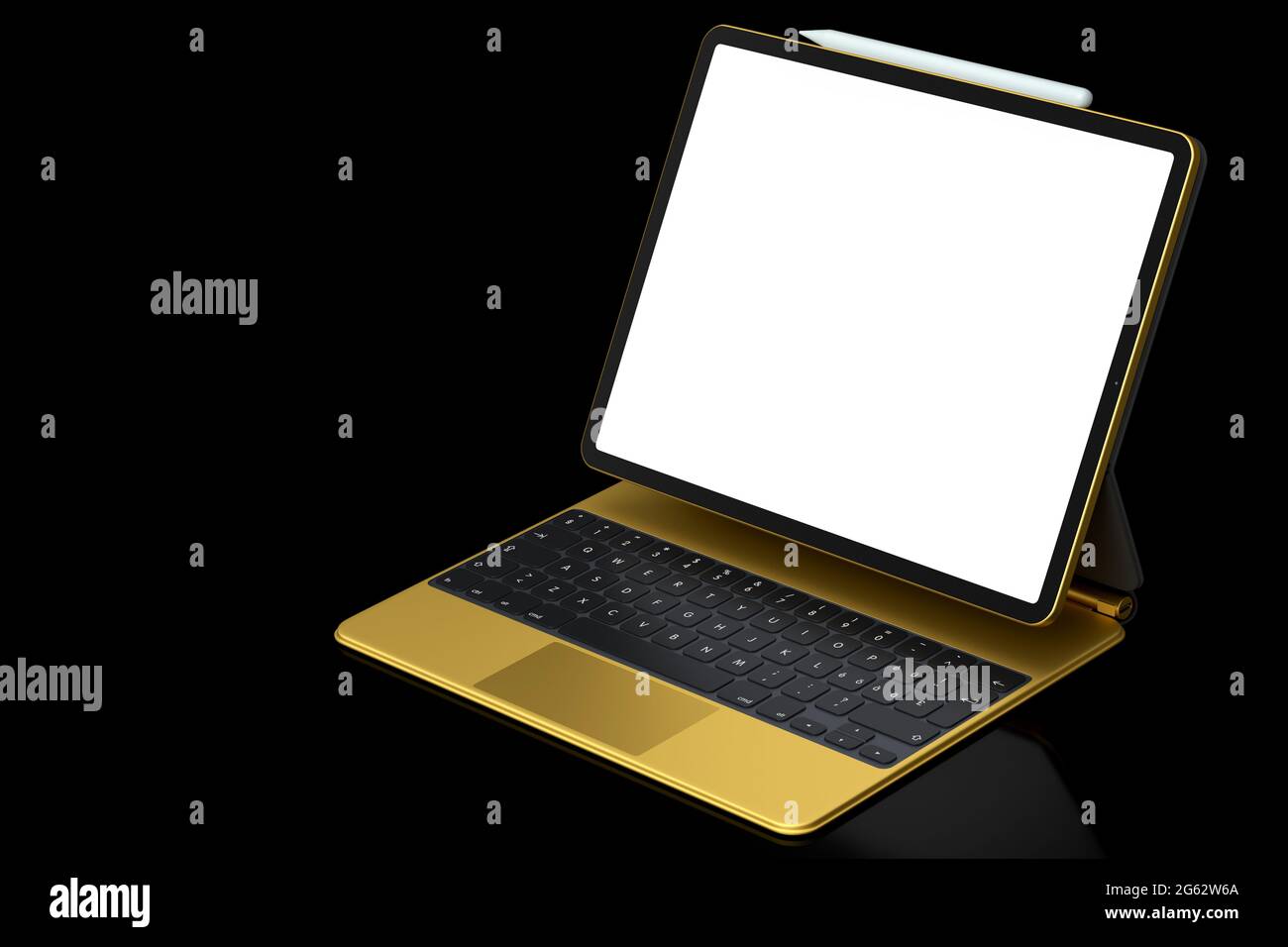 Tableta de ordenador dorada con teclado y pantalla en blanco aislada sobre fondo negro. 3D Concepto de representación de equipo de diseño creativo y trabajo compacto Foto de stock