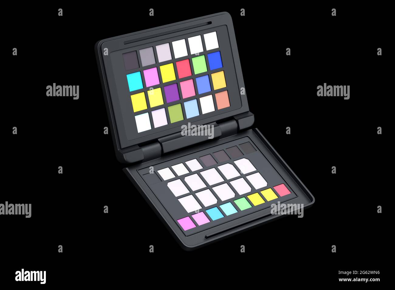 Paleta de colores arcoiris o pasaporte de calibración colorchecker para posproducción en fotografía aislada sobre fondo negro. 3D Profesión Foto de stock