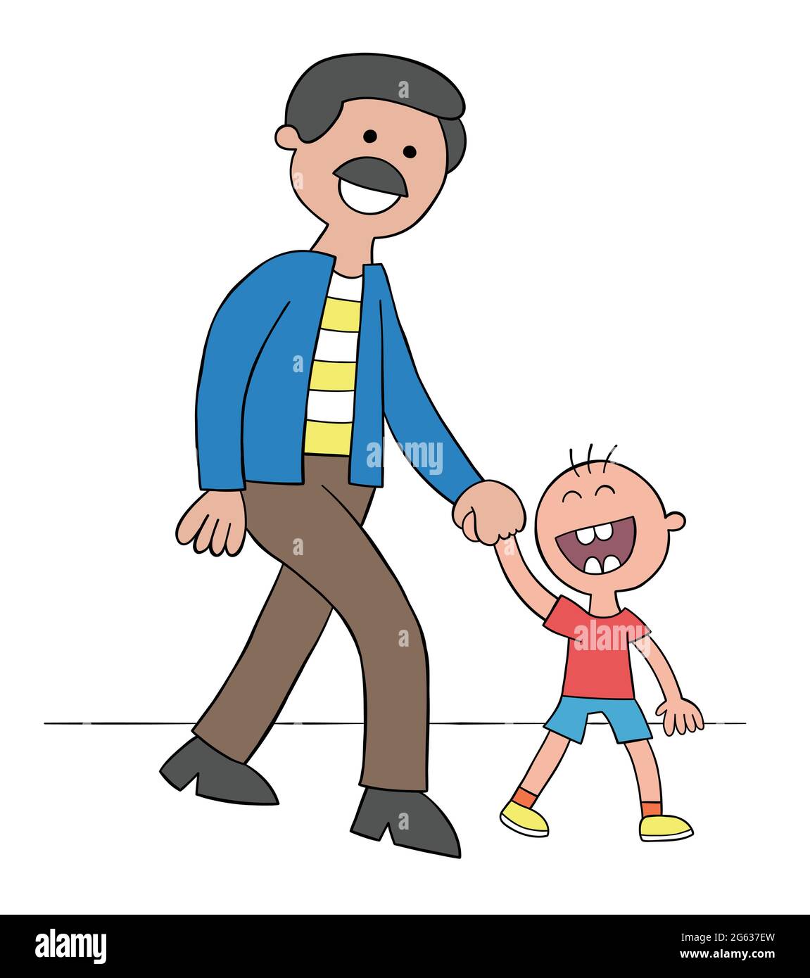 Dibujos animados padre e hijo sosteniendo las manos y caminando y muy  feliz, ilustración vectorial. Contornos en color y negro Imagen Vector de  stock - Alamy
