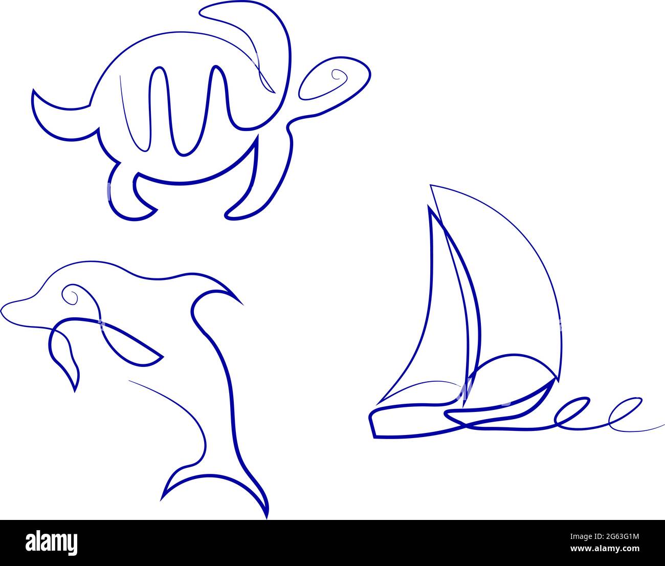 Dibujo en una sola línea estilo clip art con animales de mar y velero Ilustración del Vector