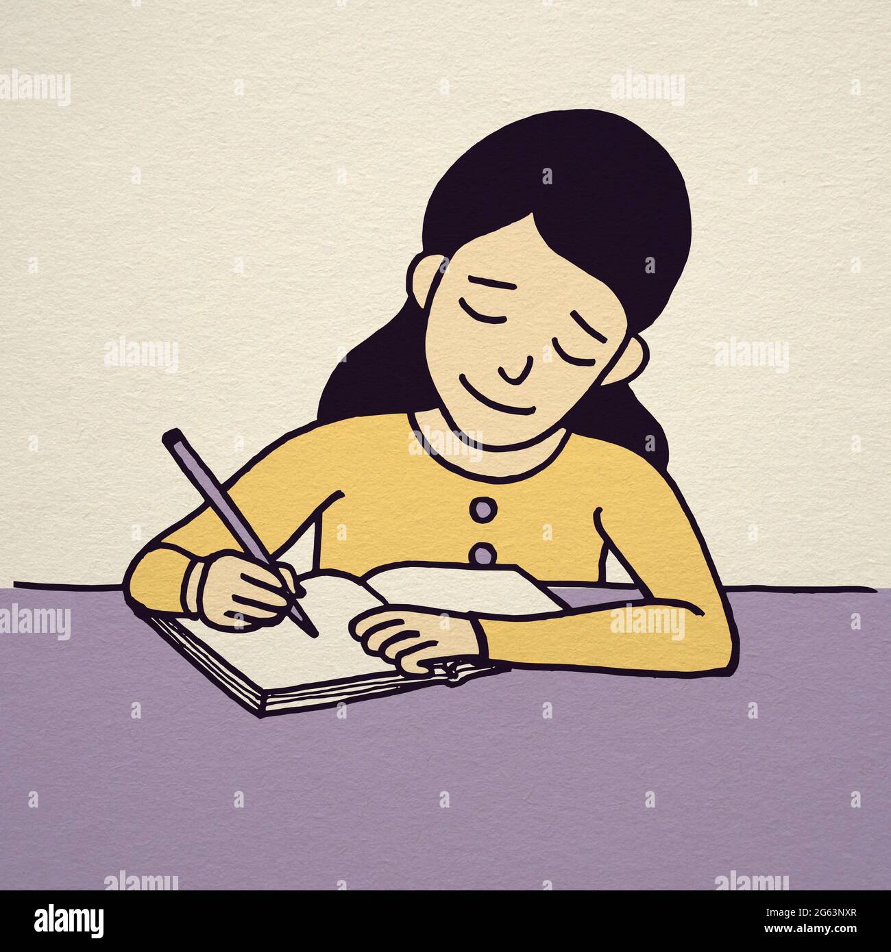 Bonita niña escribiendo en el escritorio dibujos animados estilo  ilustración Fotografía de stock - Alamy