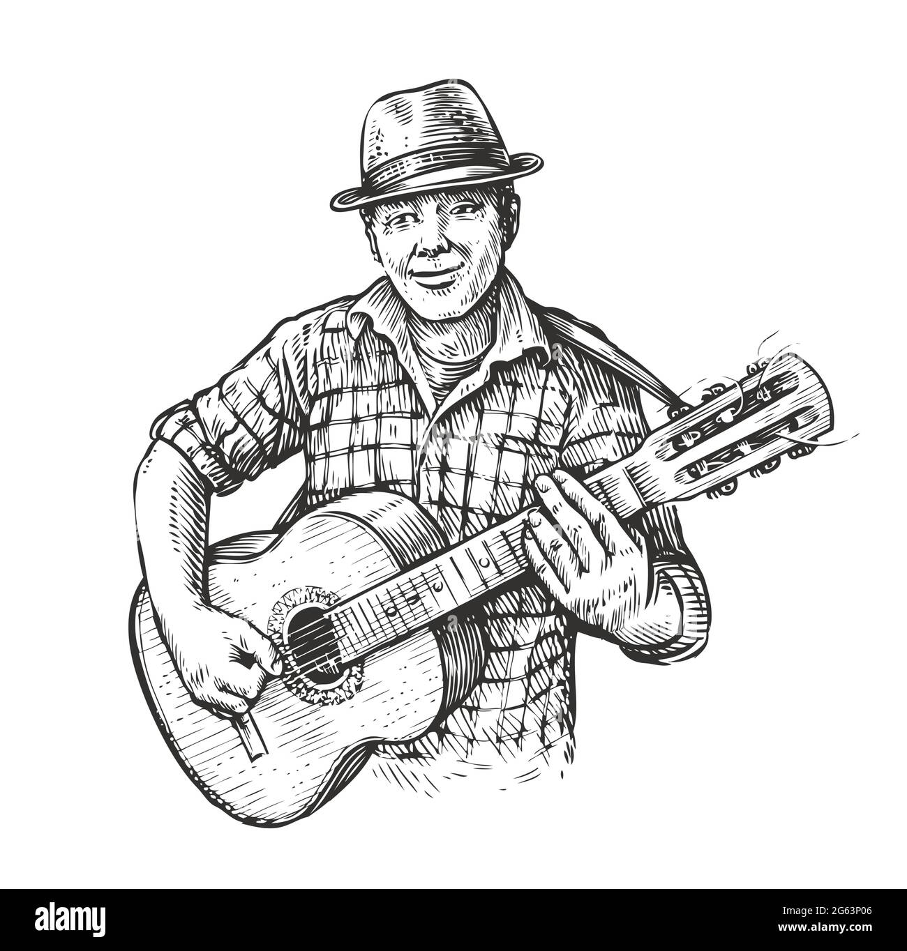 Hombre tocando la guitarra. Música country en estilo vintage bosquejado  Imagen Vector de stock - Alamy