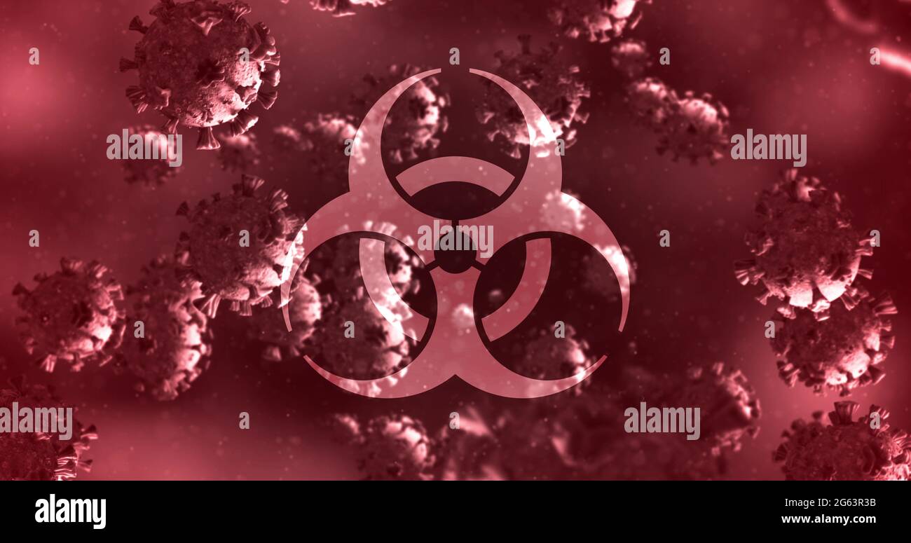 Imagen de un signo de peligro para la salud sobre las células de coronavirus que flotan en un líquido 4K Foto de stock