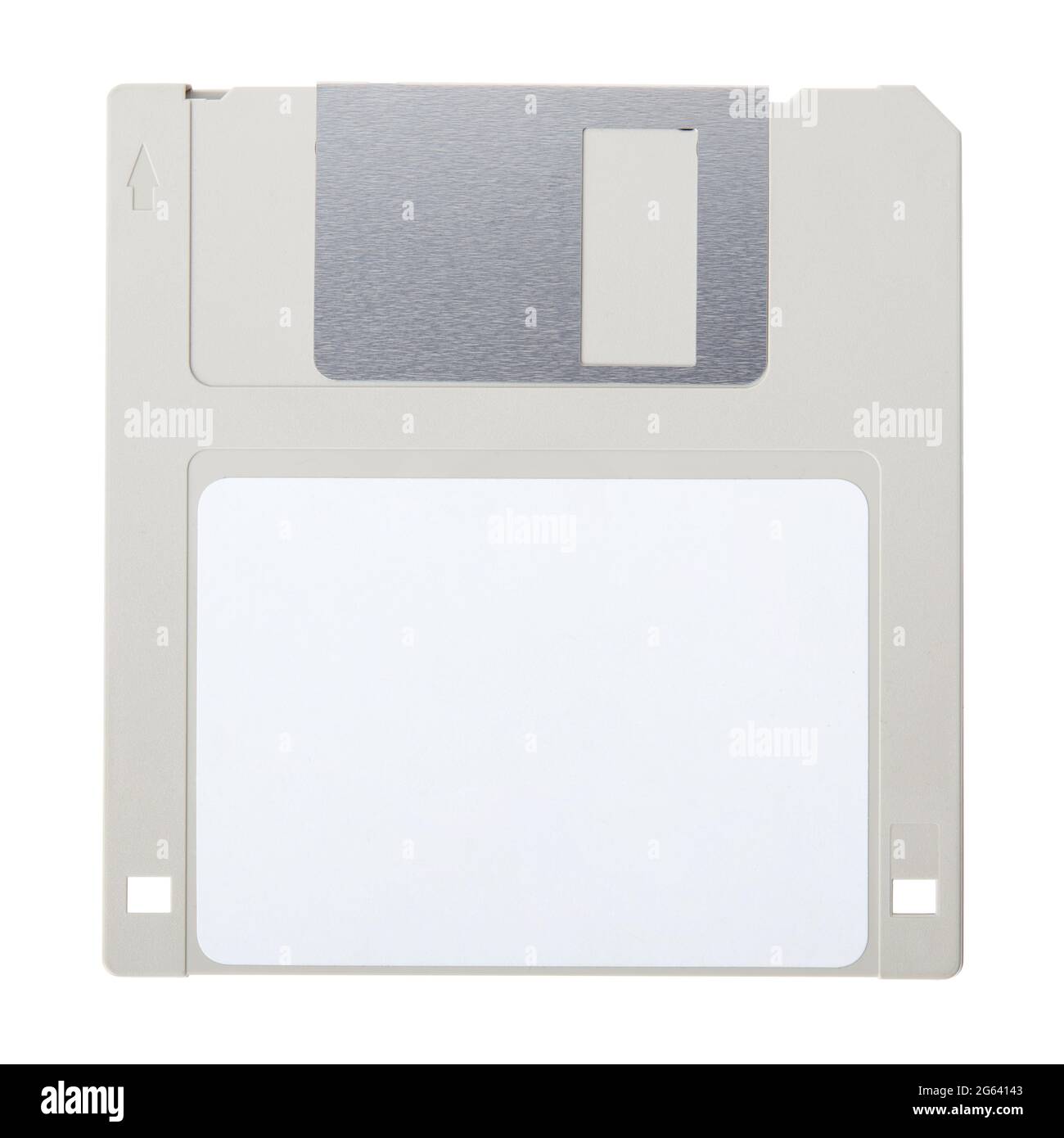 Disquete gris con etiqueta en blanco aislado sobre fondo blanco, ruta de recorte Foto de stock