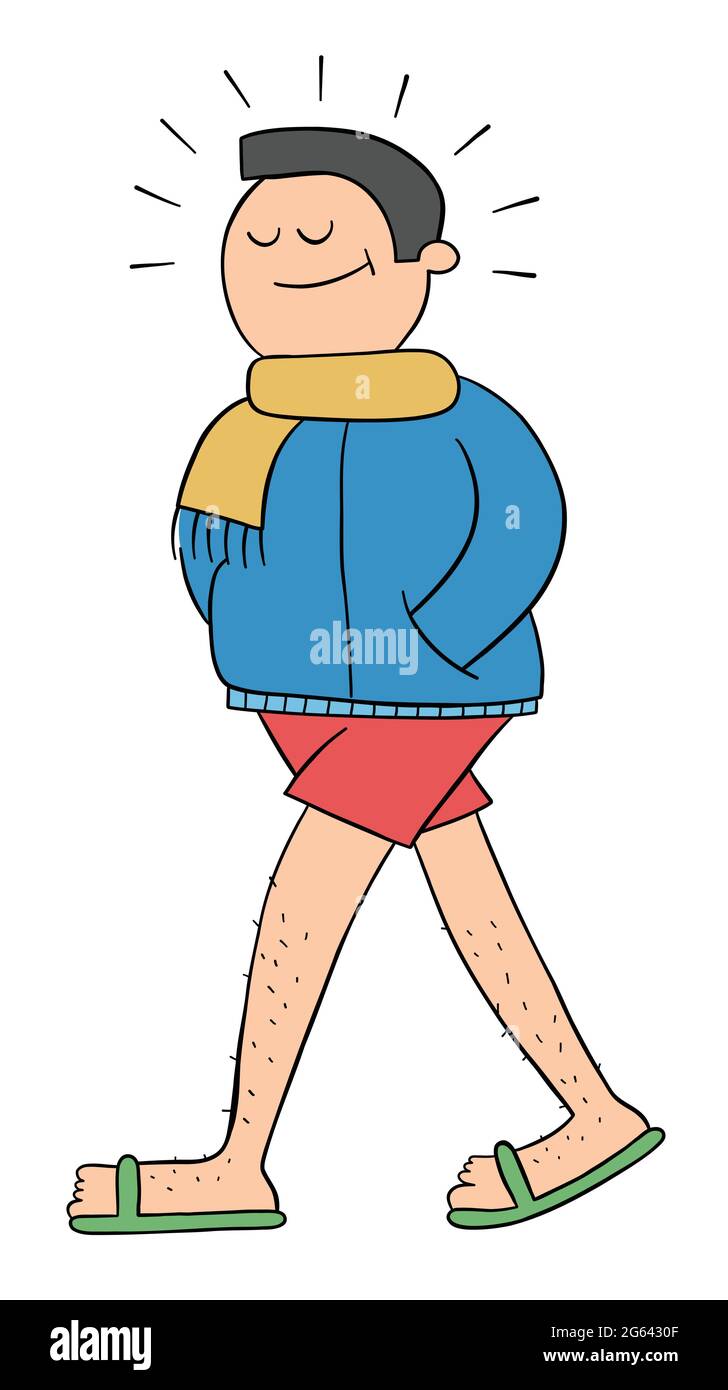 Hombre de dibujos animados vestido con ropa interesante, abrigo, bajo  shorts y pantuflas, ilustración vectorial. Contornos en color y negro Imagen  Vector de stock - Alamy