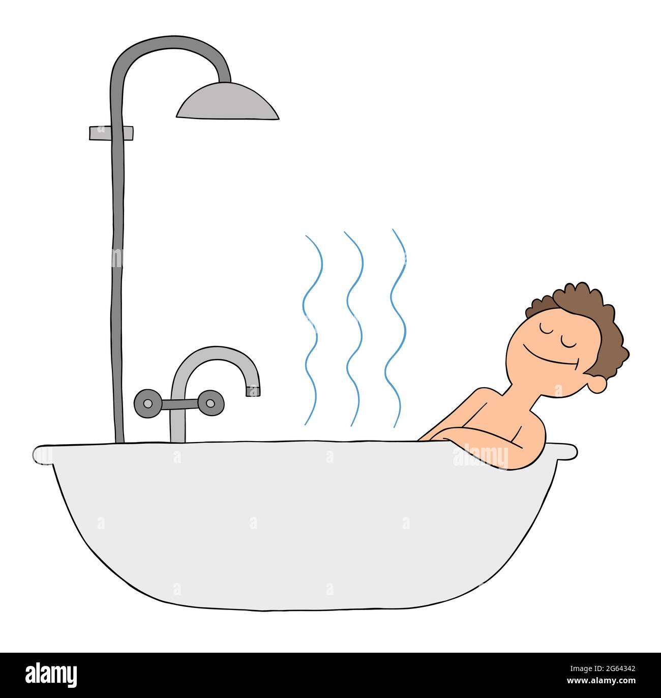 El hombre de dibujos animados se toma un baño en la bañera y es muy feliz,  ilustración vectorial. Contornos en color y negro Imagen Vector de stock -  Alamy