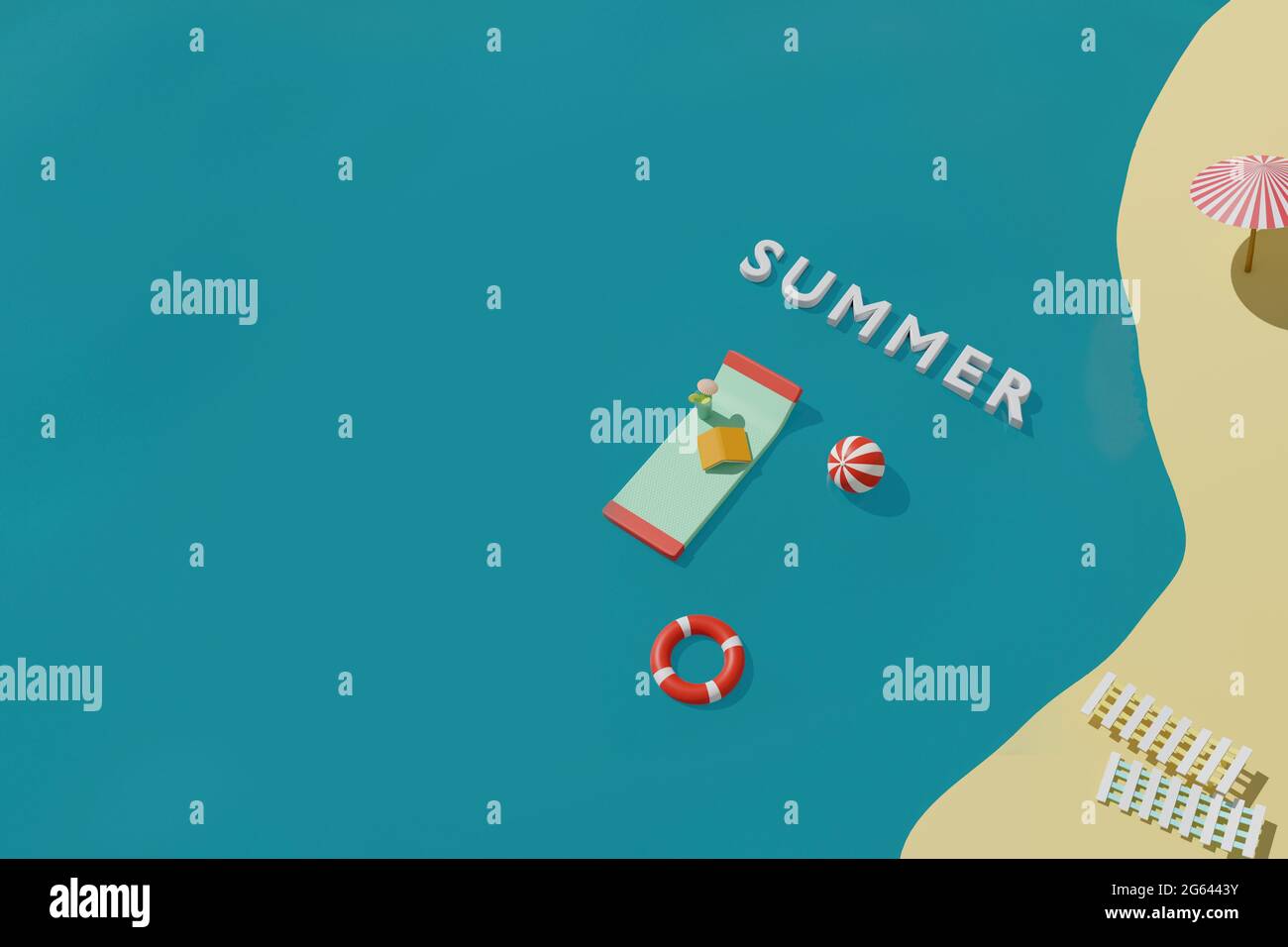3D render de verano playa con colchón inflable para nadar, libro, pelota y boya en el mar. Concepto de vacaciones de viaje de verano Foto de stock